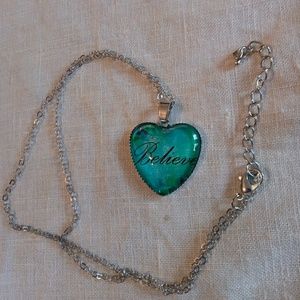 Believe Jade Tone Heart Necklace Pendant & Chain